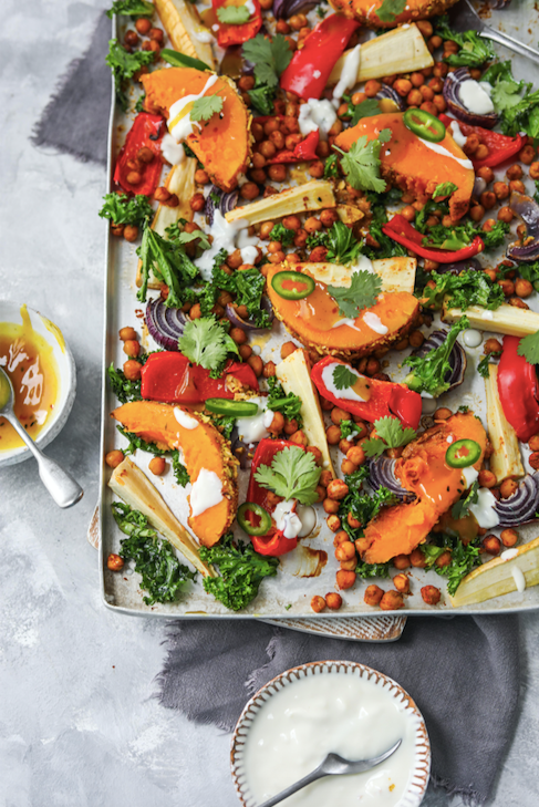 Vegan tray with oven roasted vegetables and butternut squash with Indian spices