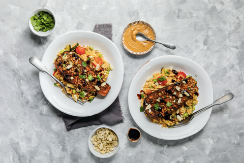Roasted aubergine with orzo salad
