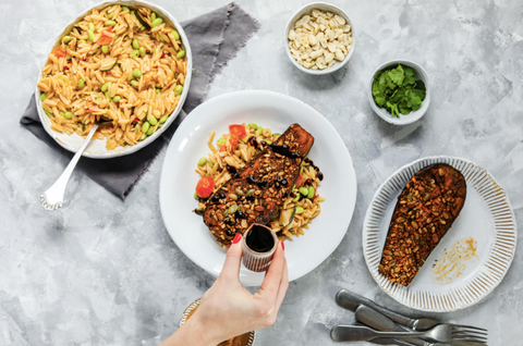 Sweet and spicy drizzle over roasted aubergine